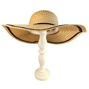 Wide Brim Natural Straw Sun Hat With Black Ribbon Bow Lightweight & Breathable I
